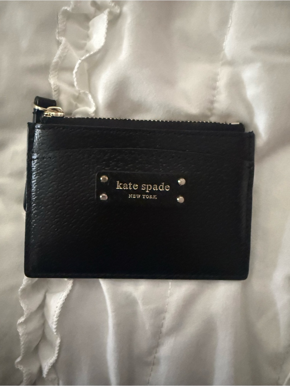 kate spade Black Leather Zip Card Pouch with Gold Logo